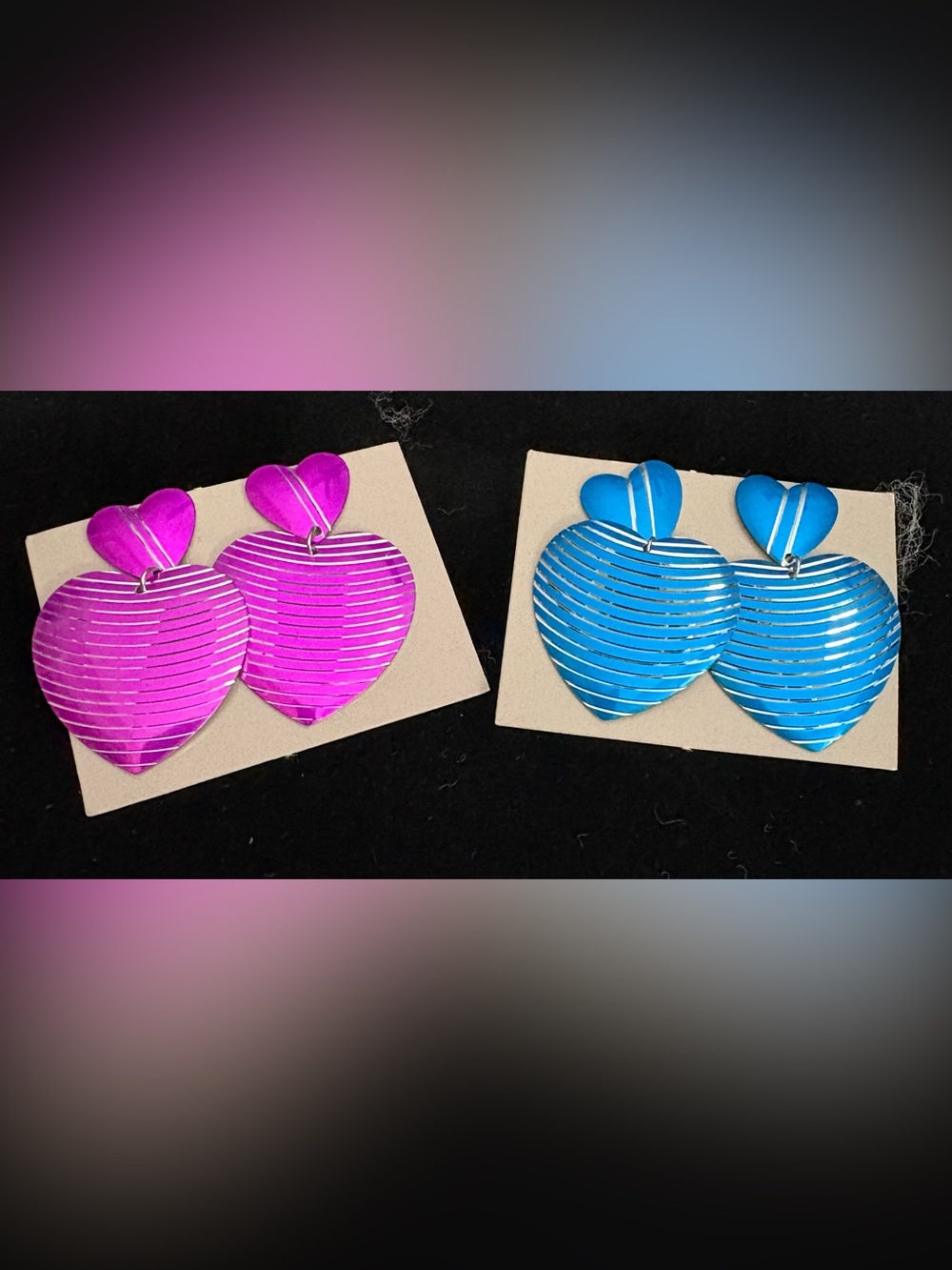 NOS Vintage Avon Heart Stripes Earrings Lot Blue Fuchsia 1986